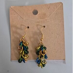 Boho Chainmaille Drop Earrings Blue Green Gold Cluster intertwined glass beads